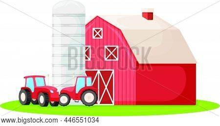 Country House With Red Barn, Farmer Tractor And Granary Building On Green Farm Field Plot Cartoon Ve