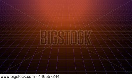 Neon Grid Background. Futuristic Digital Syntwave Colored Lines On A Black Empty Surface Glowing In 