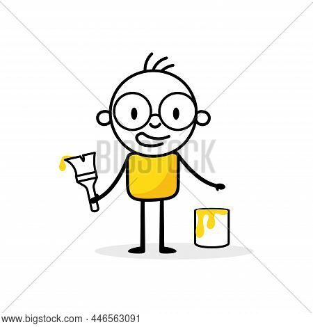 Businessman With A Paintbrush Isolated On White Background. Hand Drawn Doodle Line Art Man. Vector S