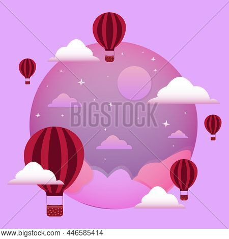 Happy Valentine Day In Pink Background Bright Folded Hot Air 
Balloon Flying In The Sky In Circular 