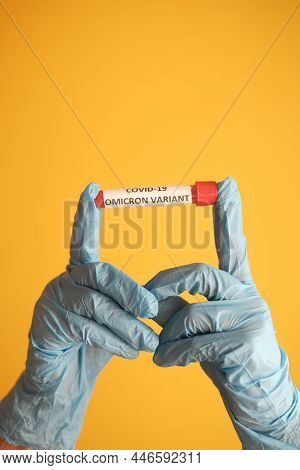 Hand Hold Omicron Variant Corona Virus Blood Test Tube