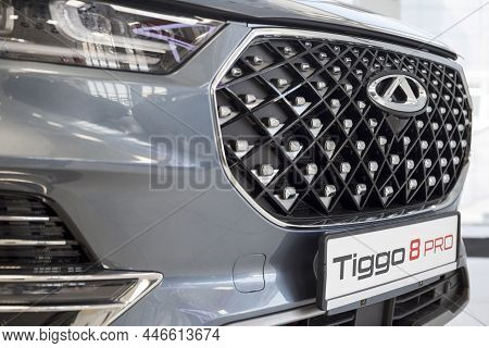 Russia, Izhevsk - August 19, 2021: Chery Showroom. Chery Logo On A Bumper Of New Chery Tiggo 8 Pro C