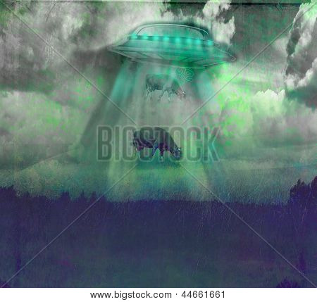 Billede af et Ufo svævende en ko med Night Sky baggrund.
