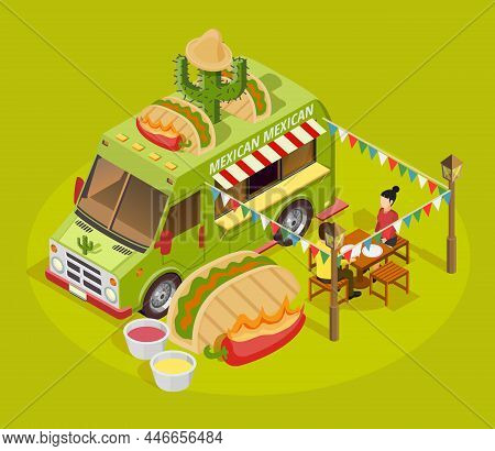 Mexican Street Food Truck Isometric Advertisement Poster With Taco Cactus And Sausen Decorated Bus G