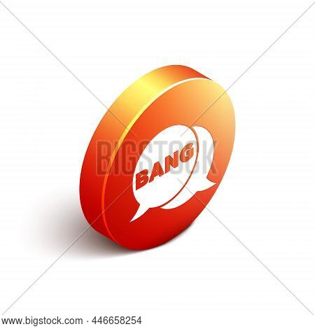 Isometric Bang Boom, Gun Comic Text Speech Bubble Balloon Icon Isolated On White Background. Orange 