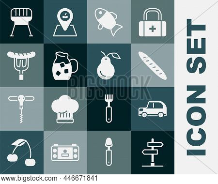Set Road Traffic Sign, Car, French Baguette Bread, Fish, Jug Glass With Water, Sausage On The Fork, 