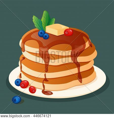 A Set Of Four Pancakes With Syrup Or Honey On A White Plate. Breakfast Concept. Vector
