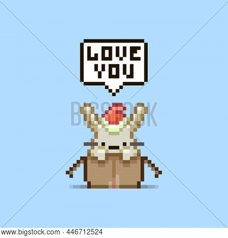 Colorful Simple Vector Flat Pixel Art Illustration Of Cartoon Cute Rabbit In Red Santa Hat Sitting I