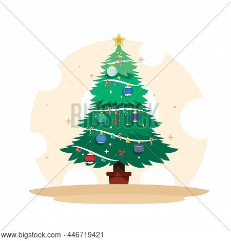 Decorated Christmas Tree With Colorful Garland And Yellow Star On Top. Background Element. Design El