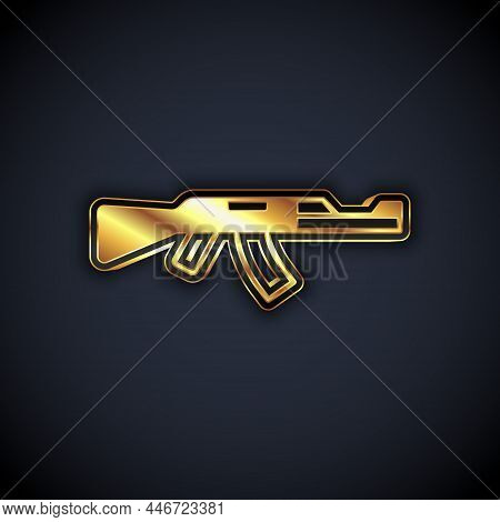 Gold Submachine Gun Icon Isolated On Black Background. Kalashnikov Or Ak47. Vector
