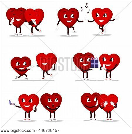 Cute Set Of Holiday Valentines Day Funny Cartoon Character Of Emoji Hearts. Love Red Heart Couple Fo