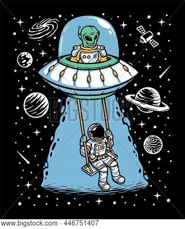 Astronaut And Alien Playing Together Illustration Hand Drawn