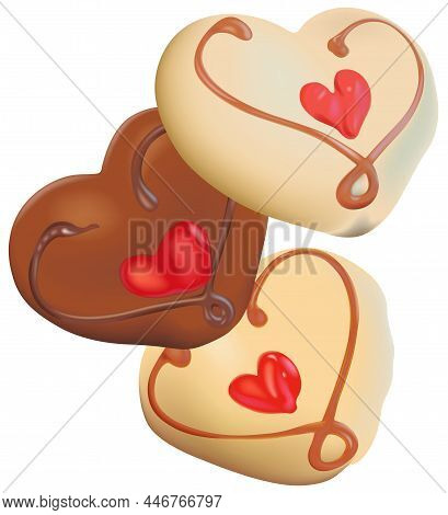 Three Chocolate Hearts With Marzipan And Decorations - Colored Illustration Isolated On White Backgr