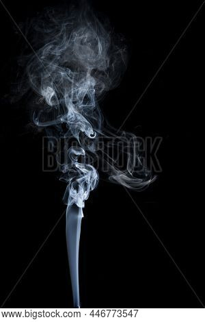 White Natural Steam Smoke Effect On Solid Black Background With Abstract Blur Motion Wave Swirl.