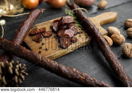 Smoked, Aged Sausages With Fresh Vegetables And Food Ingrediets