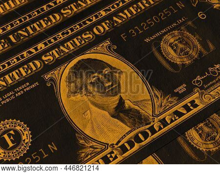 American Money Close-up. 1 Us Dollar Bills With Textured Paper Surface. Dark Brown Inverted Backgrou