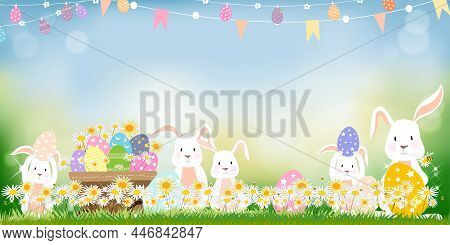 Easter Greeting Card,cute Bunny Hunting Easter Eggs On Grass Field On Sunny Day Spring,vector Cute C