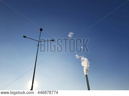 Bucharest, Romania - January 14, 2022: Chimney Of Cet Progresul Power Plant, Pollute With Smoke From