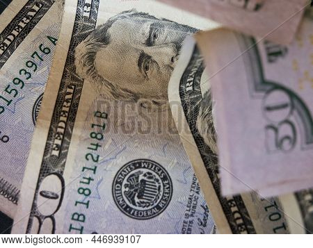 Portrait Of President Ulysses S. Grant On A 50 Dollar Bill. American Paper Money Close-up.