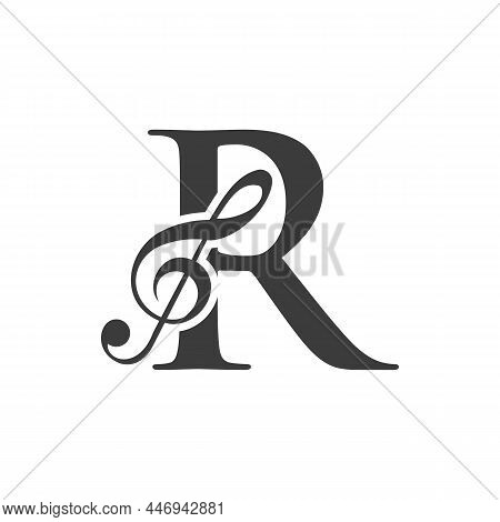 Music Logo On Letter R Concept. R Music Note Sign, Sound Music Melody Template