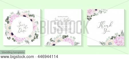 Vector Floral Frame. Pink Dahlias, White Roses, Rununculus, Anemones, Eucalyptus, Green Plants And L