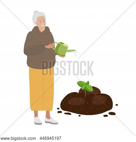 Elderly Woman Watering Small Sprout In Ground From Lake. Caucasian Elderly Woman With Watering Can T