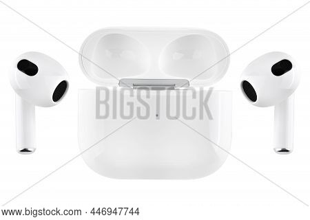 Rostov-on-don, Russia - January 2022. Airpods 3 Generations On A White Background. Headphones From T