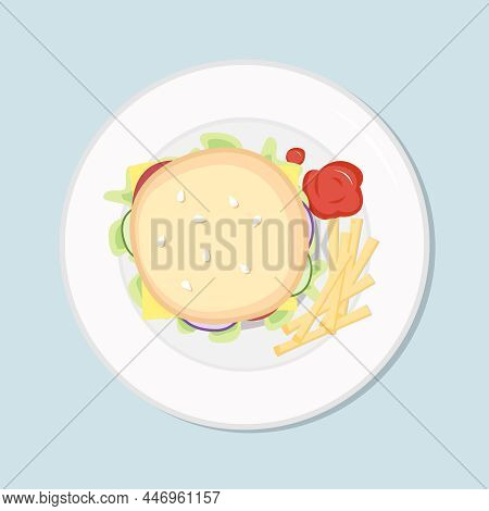 Burger With French Fries Meal. Sandwich With Lettuce, Tomato, Cucumber, Greens On Plate. Vector Illu