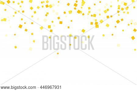Stylish Gold Square Confetti Tinsels Falling On White. Luxurious Confetti Fall From Top To Bottom. P