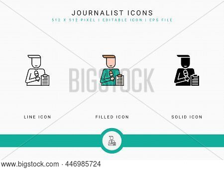 Journalist Icons Set Vector Illustration With Solid Icon Line Style. Text Language Publication Conce