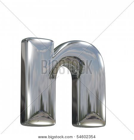 Metal polished glossy lovercase letter n from chrome solid alphabet isolated on white