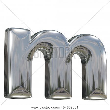 Metal polished glossy lovercase letter m from chrome solid alphabet isolated on white