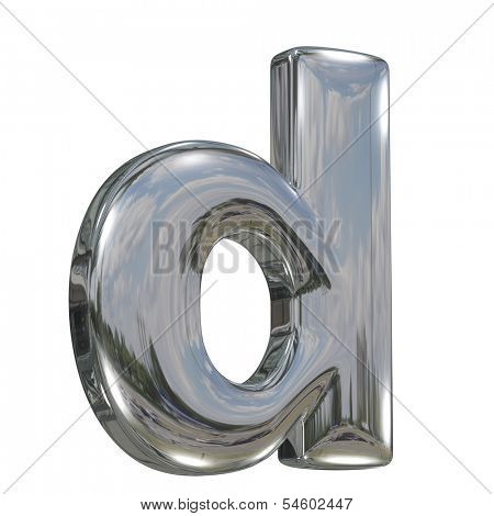 Metal polished glossy lovercase letter d from chrome solid alphabet isolated on white