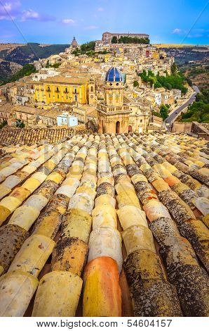 Vertical View Of Roofs And Beautiful Village Ragusa In Sicily