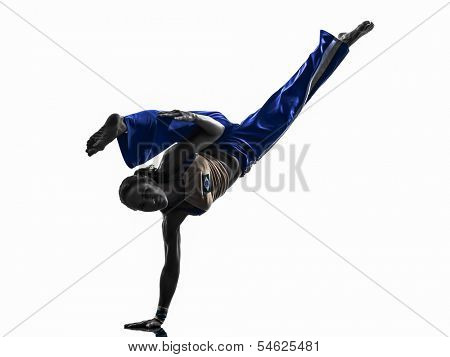 one caucasian woman capoiera dancer dancing in silhouette studio isolated on white background