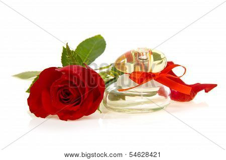 Red rose bud and bottle of perfume