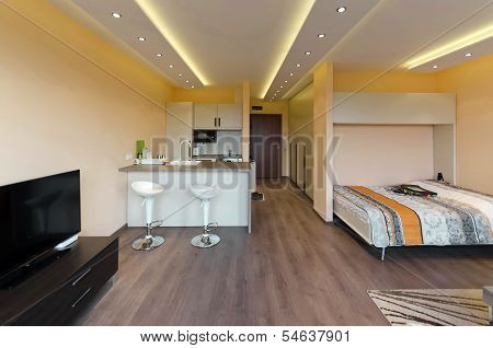 Modern living room with kitchen corner