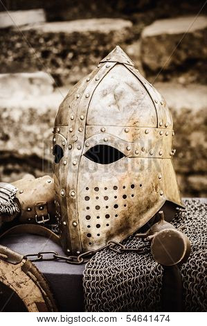 Protective Helmet With A Visor On Medieval Knight