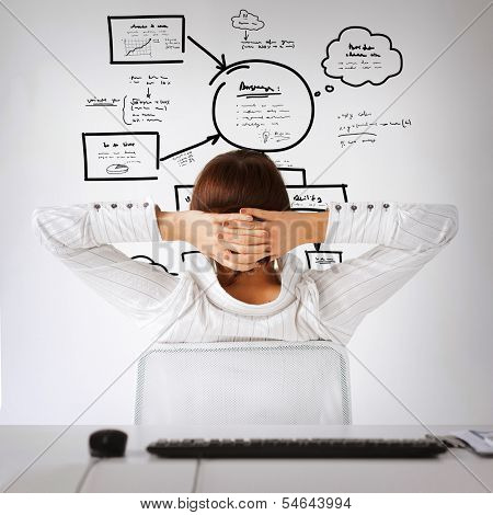 business, office, finances and technology concept - relaxed woman from the back with arms on head looking at plan on virtual