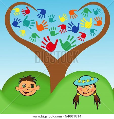 Boy And A Girl Face Under Stylized Tree