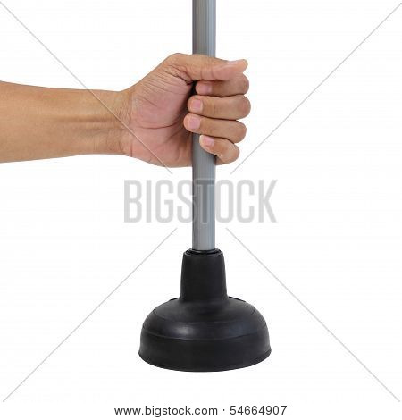 Holding Black Rubber Plunger For Toilet Pump Isolated Over White Background