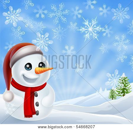 Christmas Snowman In Winter Scene