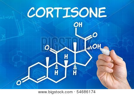 Hand with pen drawing the chemical formula of cortisone