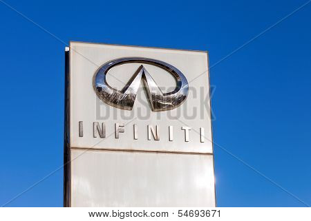 Samara, Russia - November 23: The Emblem Infiniti On Blue Sky Background, November 23, 2013 In Samar