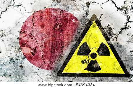 Old Cracked Wall With Radiation Warning Sign And Painted Flag