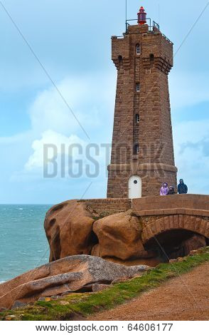 Ploumanach Lighthouse And Family Near.