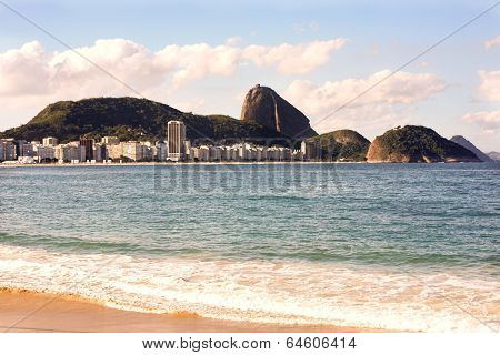 view of leme and sugar loaf from copacabana beach in rio de janeiro in brazil