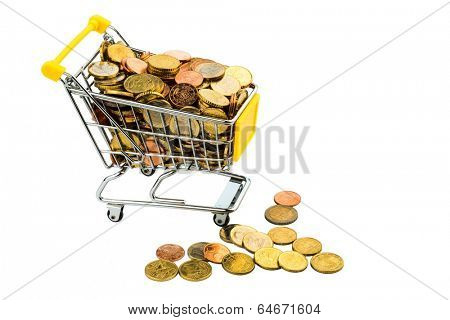 a shopping cart is well stocked with euro coins, symbolic photo for purchasing power and consumption