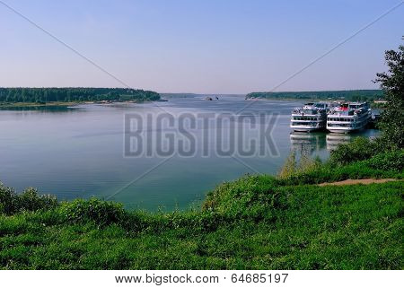 View of the Volga River with Cruise Liners docked at a Pier