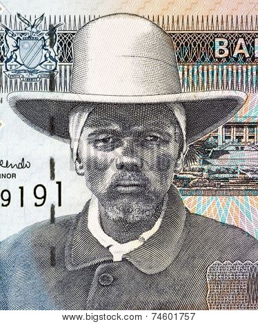 NAMIBIA - CIRCA 2001: Hendrik Samuel Witbooi (1906-1978) on 10 Dollars 2001 Banknote from Namibia.  6th Kaptein of the IKhowesin, a subtribe of the Orlam, in Namibia.
